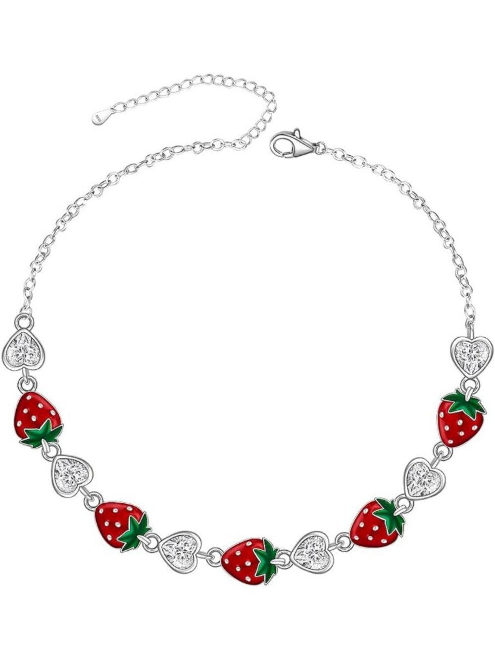 Charming Strawberry Bracelet in Sterling Silver | Red Fruit Heart Jewelry Gift